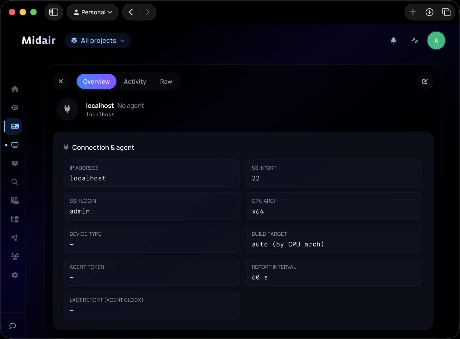 Midair node view: connection and agent details for a host