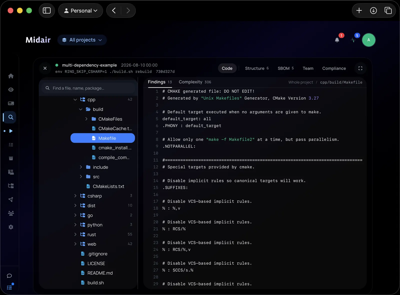 Midair code view: findings and complexity over a repository