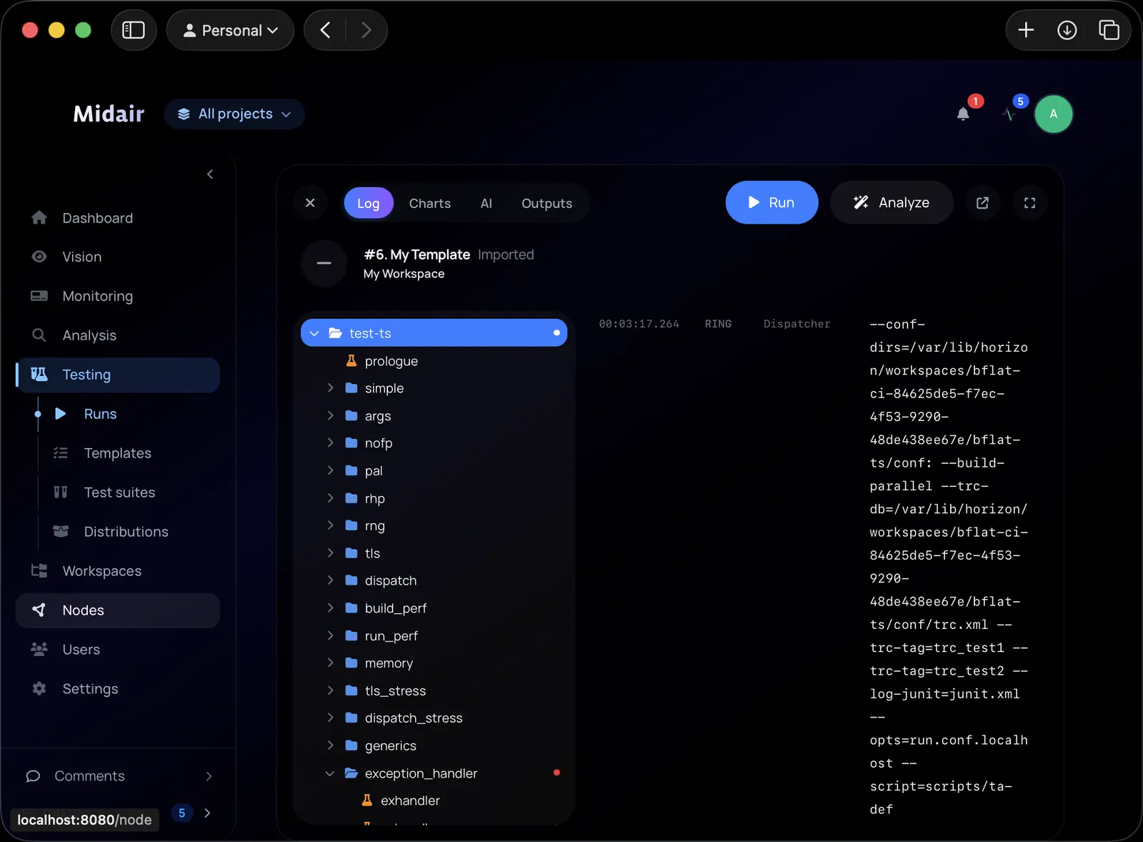Midair test run: the suite tree beside the live run log